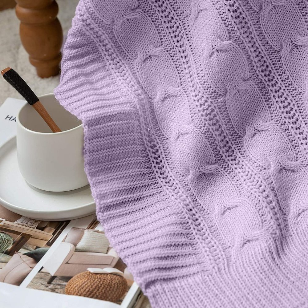 LIlac Purple Cozy Knit Cable Knit Weave Pattern Decorative Bed Accent Blanket - Picture 3 of 9